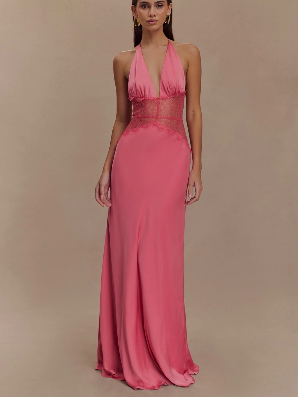 Meshki Pink Halter Lace-Waist Maxi Gown